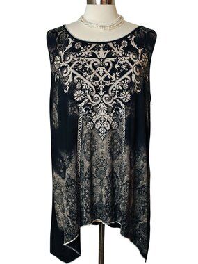 Skinny Minnie 1X Sleeveless Tunic Top Black Beige Damask Stretchy Designer Prepp